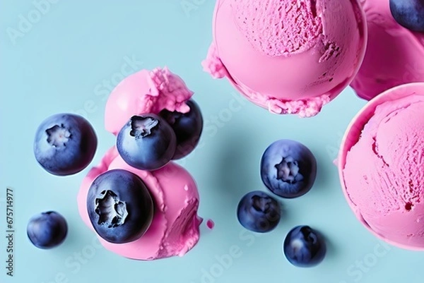 Fototapeta Delicious Blueberry ice cream balls isolated on Colorfull Background