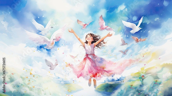 Fototapeta Little smiling girl in dress on light background. Impressionism style. Happy child