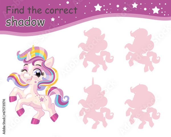 Obraz Find correct shadow funny joyful baby unicorn vector