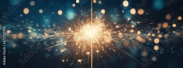 Obraz a sparkler burning in a nocturnal background, in the style of gold, silver and azure blue, lens flares