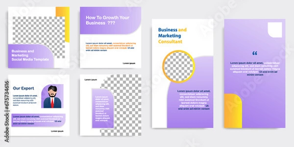 Fototapeta Social media carousel post banner layout in gradient purple color background. For tips podcast, motivation, self-development, product, ads, influencer, microblog, sharing knowledge template