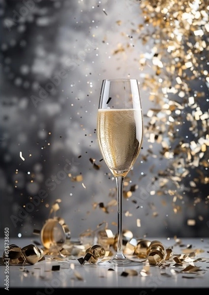 Obraz Champagne glass and confetti, light gray background, gold and silver, confetti and streamers, tinsel, party, for text