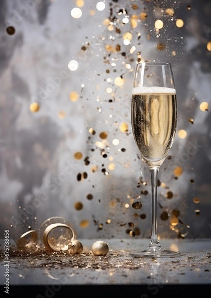 Obraz Champagne glass and confetti, light gray background, gold and silver, confetti and streamers, tinsel, party, for text