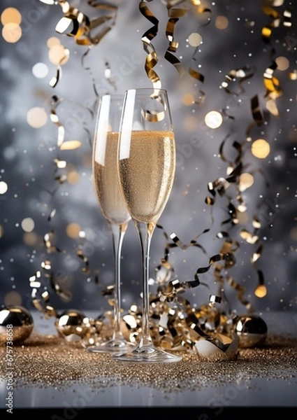 Obraz Champagne glass and confetti, light gray background, gold and silver, confetti and streamers, tinsel, party, for text