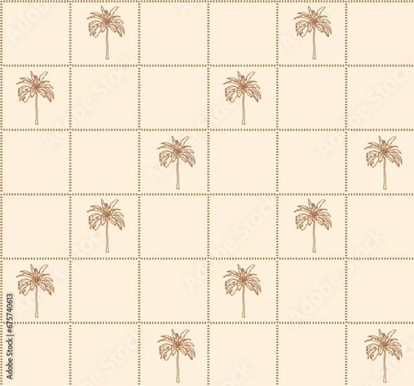 Obraz Palm Outline Doodle With Checked Seamless Pattern On Beige Background Wallpaper Color 