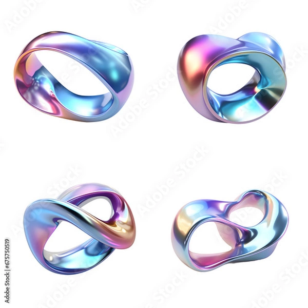 Fototapeta Set of abstract shape blue and pink metalic liquid on transparent background