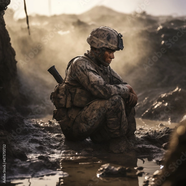 Fototapeta A reflecting soldier in the middle of the war