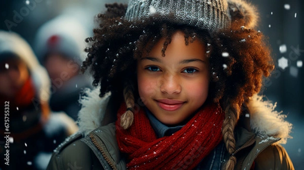 Fototapeta portrait of happy child in winter time