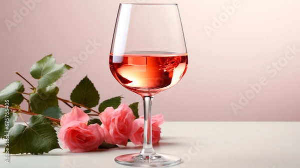 Fototapeta red rose in glass and bottle of wine with white wine on the windowsill. romantic background.