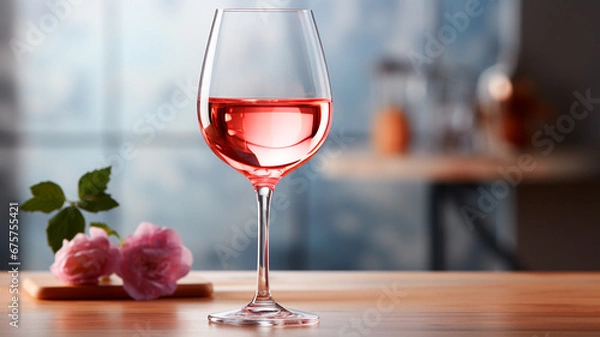 Fototapeta red rose in glass and bottle of wine with white wine on the windowsill. romantic background.