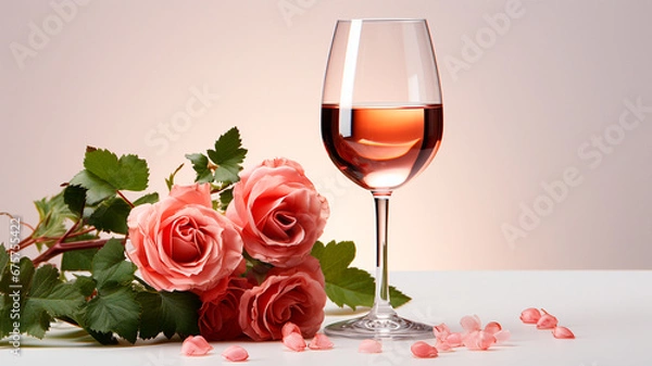 Fototapeta red rose in glass and bottle of wine with white wine on the windowsill. romantic background.