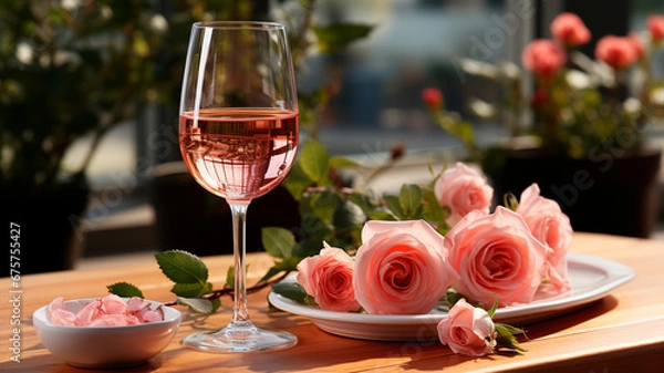 Fototapeta red rose in glass and bottle of wine with white wine on the windowsill. romantic background.