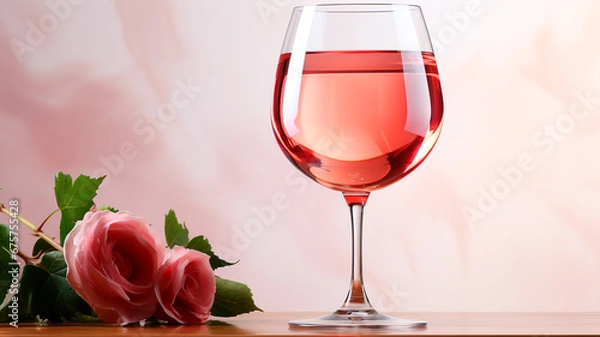 Fototapeta red rose in glass and bottle of wine with white wine on the windowsill. romantic background.