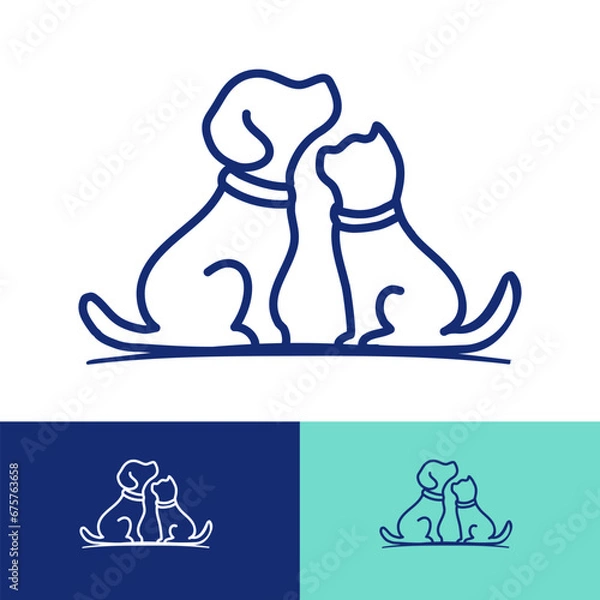Obraz Little dog and cat line art illustration as pet care, rescue, adoption, veterinary logo with some color variations