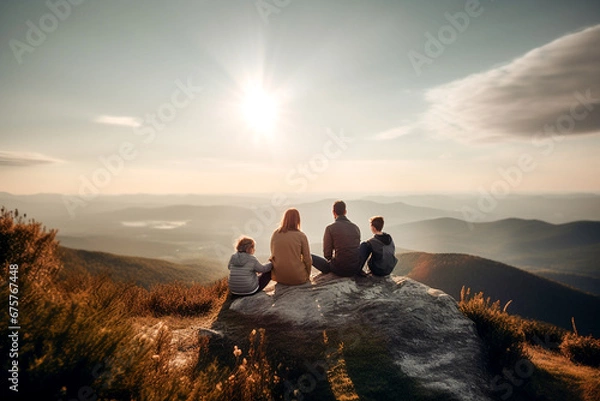 Obraz A family sits on a stone high in the mountains and looks into the distance. Mom, dad, children. Family concept, family values. Family recreation in nature.