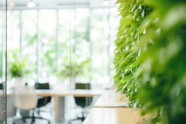 Obraz Biophilic Design Office Spaces - Office interiors featuring living green walls and natural light for well-being at work - AI Generated
