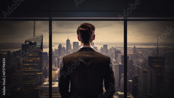 Obraz The manager in black suit is standing at the working office looking out to the city
