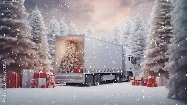 Obraz open white cargo truck with christmas trees & gifts inside