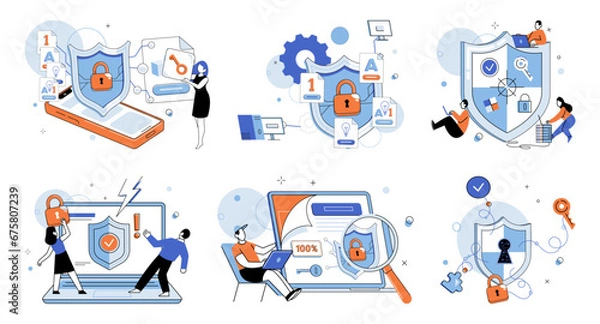 Fototapeta Cyber security vector illustration. Guards are responsible for defending against cyber attacks and breaches Personal information should be kept private and confidential online Expert support