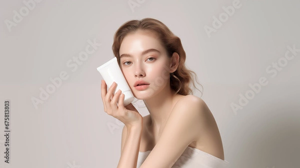 Fototapeta model holding a cream product packaging