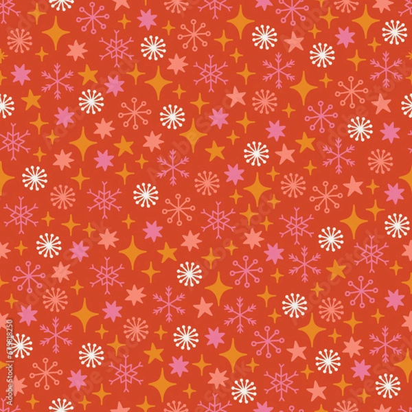 Fototapeta Christmas seamless pattern with colorful stars and snowflakes. Vector illustration