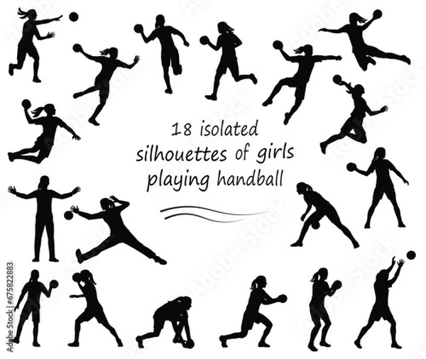 Obraz 18 of black silhouettes of women's handball players and goalkeepers in jumping, running, catching the ball, standing
