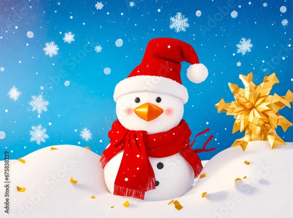 Fototapeta Snowman on a New Year's holiday background with decorations. Generative AI