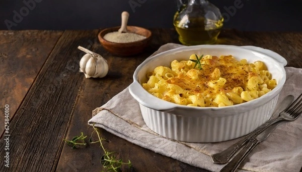 Fototapeta Mac and cheese in white  bakery form on wooden table dark photo with copy space