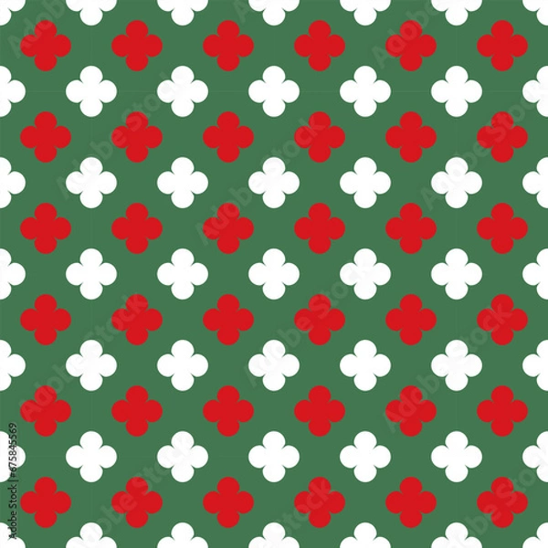 Fototapeta Red and white flower pattern on green background, repeat and seamless, for Christmas.
