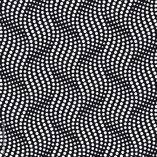 Obraz Geometric composition with wavy dotted lines. Rippled vertical waves.  Abstract background. Seamless repeating pattern. Black and white halftone style. Vector illustration.