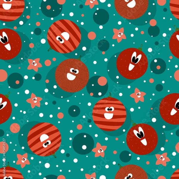 Fototapeta Vector seamless pattern on isolated background with beautiful merry boxes, Christmas tree branches, New Year toys, balls and stars