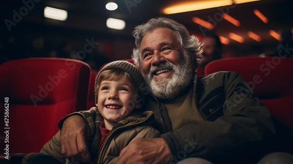 Obraz Happy senior man with grandchild watching a movie in cinema