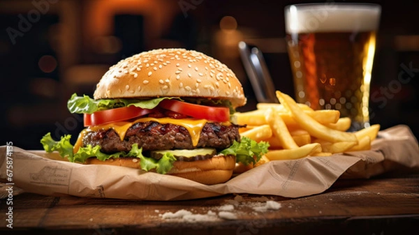 Obraz hamburger with fries, onion rings and beer