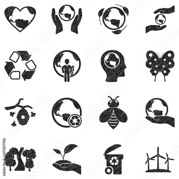 Obraz Earth Day Icons. Black Scribble Design. Vector Illustration.