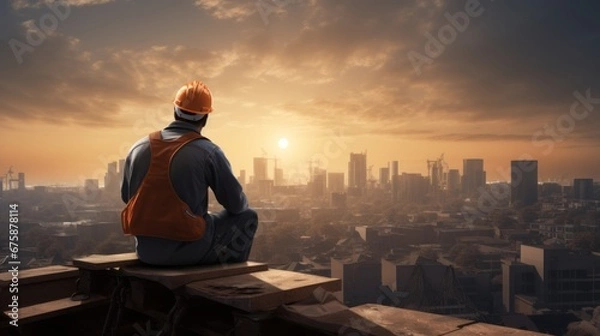 Fototapeta An engineer wearing construction safety gear sits on the roof of a house to rest and admire the city view.