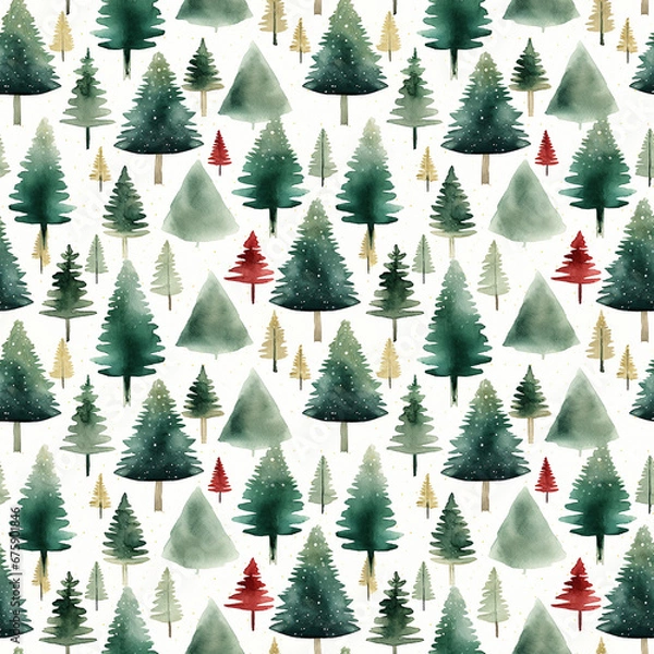 Fototapeta Pretty watercolour style seamless repeating pattern of green christmas trees, with the occasional red tree, great for stationery and fabric.