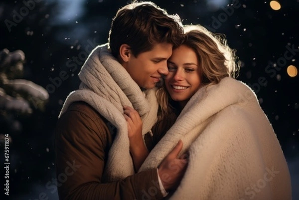 Obraz Romantic Winter Scene of a Couple Embracing Under a Blanket and Admiring a Glowing Christmas Tree