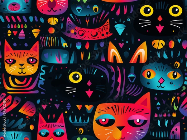 Obraz Abstract pattern of a cat's face that repeats and tiles. Vivid color. 2D flat cartoon style illustration.

