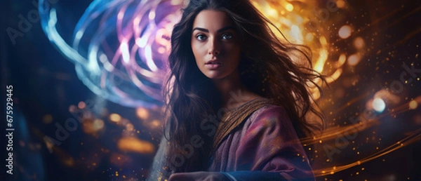 Fototapeta Enchantress in Colors: A Stunning and Vibrant Portrayal of a Mystical Female Wizard, Perfect for Screensavers and Desktop Backgrounds
