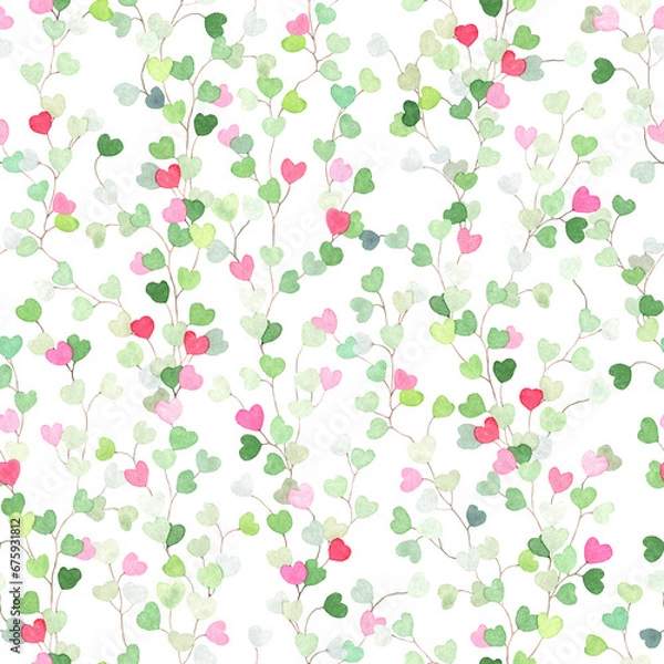 Fototapeta Abstract seamless pattern with delicate hearts pink and green colors on branches, isolated watercolor illustration for holiday wrapping paper, textile or decorative floral background.