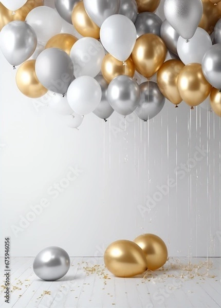 Obraz Happy birthday. Balloons, foil balloons, birthday balloons, glitter confetti, elements. Party design in white, gold and silver. Bright background for product presentation and text.