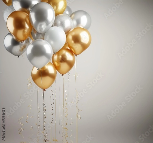 Obraz Happy birthday. Balloons, foil balloons, birthday balloons, glitter confetti, elements. Party design in white, gold and silver. Bright background for product presentation and text.