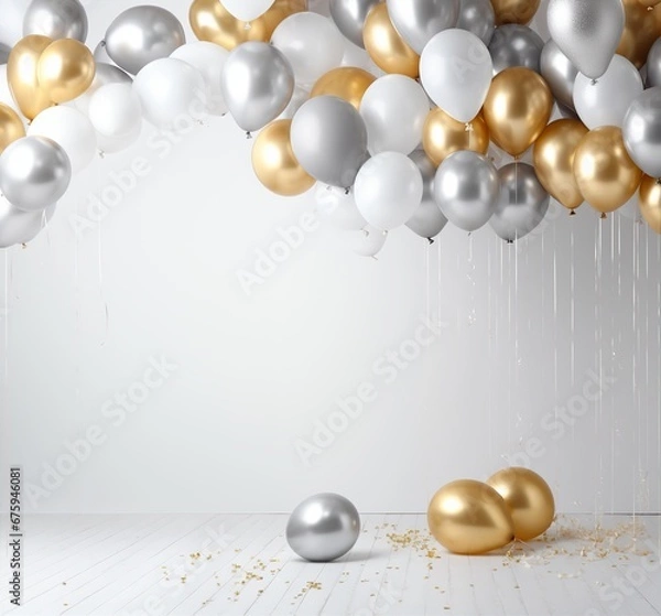 Obraz Happy birthday. Balloons, foil balloons, birthday balloons, glitter confetti, elements. Party design in white, gold and silver. Bright background for product presentation and text.