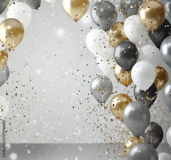 Obraz Happy birthday. Balloons, foil balloons, birthday balloons, glitter confetti, elements. Party design in gold and silver. White background for product presentation and text.
