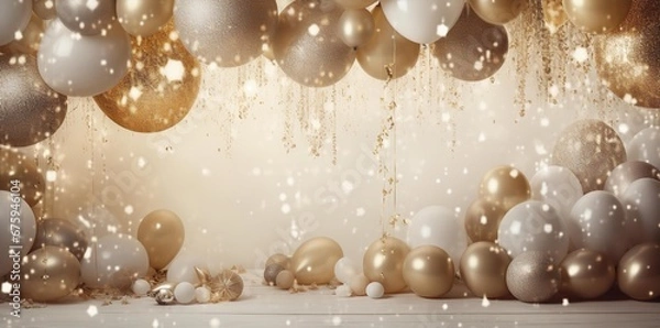 Obraz Happy birthday. Balloons, foil balloons, birthday balloons, glitter confetti, elements. Party design in white and gold. Bright background for product presentation and text.