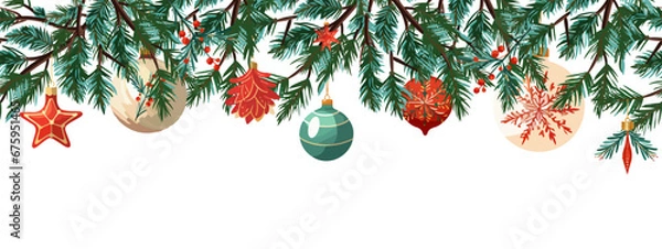 Obraz Vector seamless background with Christmas tree decorations and fur tree branch
