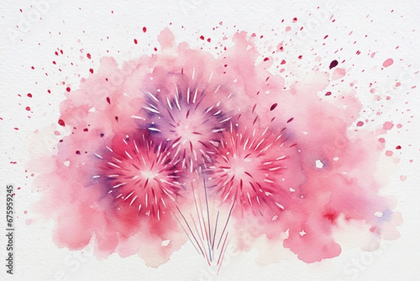 Fototapeta Pretty pink loose watercolour style illustration of fireworks, on a watercolour wash background, great for social media, website headers, cards and invitations. 