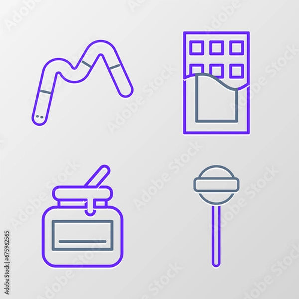 Fototapeta Set line Lollipop, Jar of honey, Chocolate bar and Jelly worms candy icon. Vector