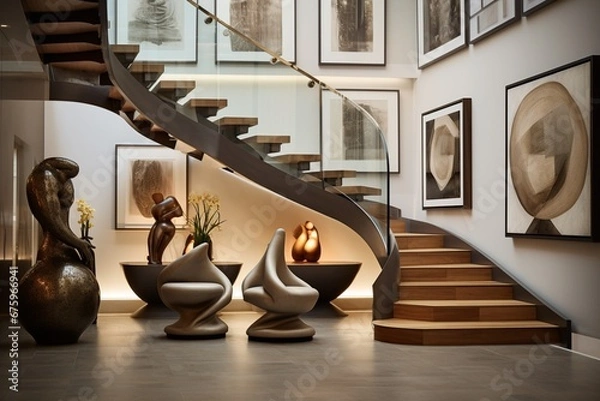 Fototapeta design a room with stair case adorned with artwork