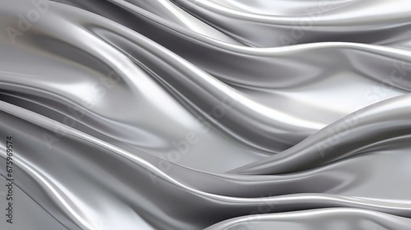 Fototapeta Explore the captivating allure of a silver chrome metal texture with flowing waves, showcasing a liquid silver metallic silk wavy design in this mesmerizing 3D render illustration